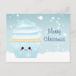 Postal Festiva Navidades Cute Kawaii quequitos con copas de nieve