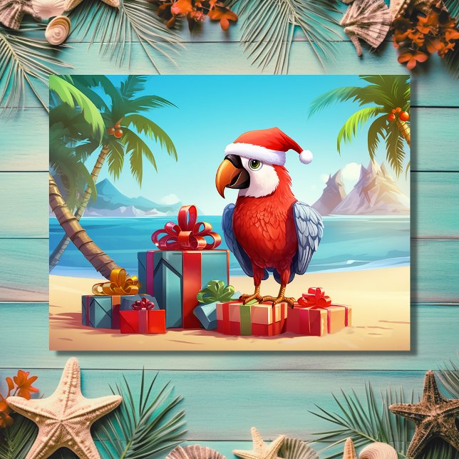 Postal Festiva Navidades Cute Santa Parrot Tropical Beach (Front - Cute Santa Parrot Tropical Beach Christmas Holiday Postcard)