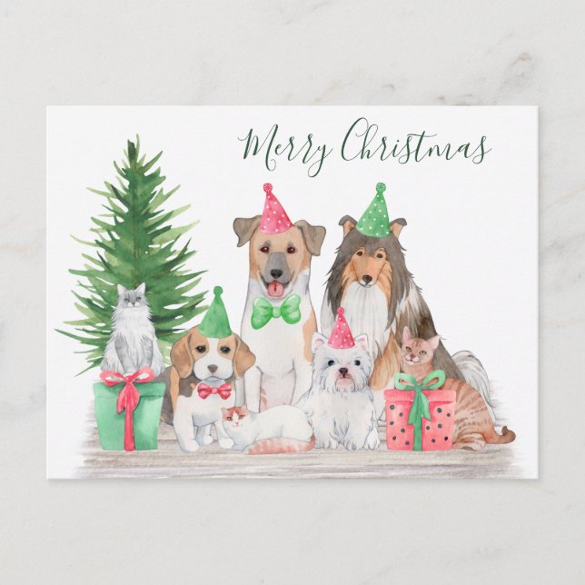 Postal Festiva Navidades Cutes Animales Perro Gato Gato Gatito Ga (Anverso)