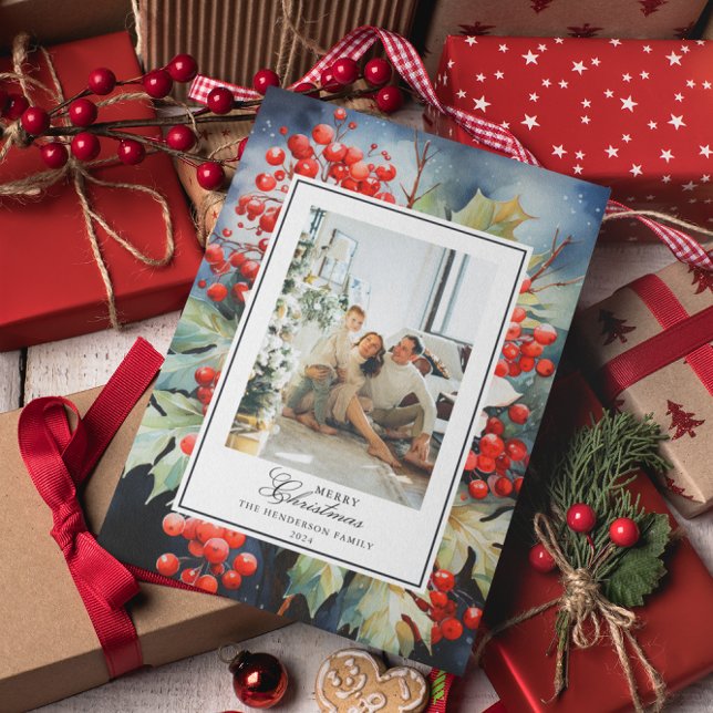 Postal Festiva Navidades de acuarela botánica de Winterberry Foto (Subido por el creador)