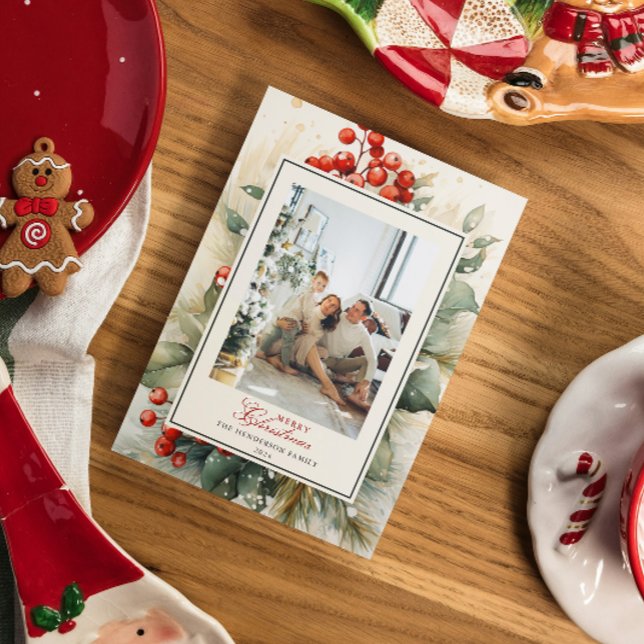 Postal Festiva Navidades de acuarela botánica de Winterberry Foto (Subido por el creador)