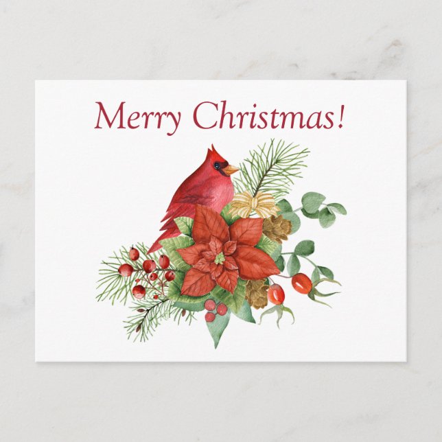 Postal Festiva Navidades de acuarela Cardenal Rojo y Poinsettia (Anverso)