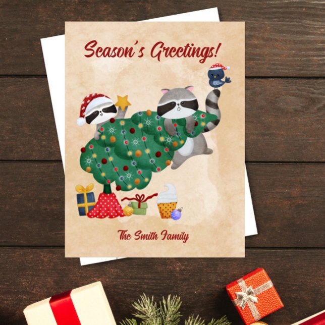 Postal Festiva Navidades de acuarela de Cute Raccoons (Subido por el creador)