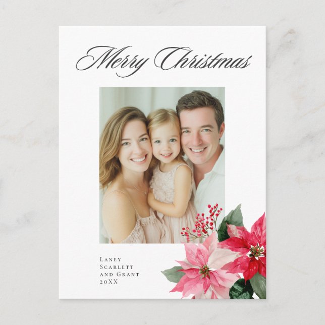 Postal Festiva Navidades de acuarela Diseño de poinsettia (Anverso)