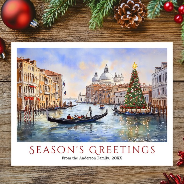 Postal Festiva Navidades de acuarela en Venecia Italia viajan (Watercolor Christmas in Venice Italy Travel Holiday Postcard)