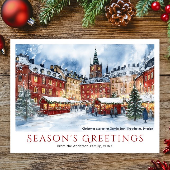 Postal Festiva Navidades de acuarela Gamla Stan Stockholm Suecia (Watercolor Christmas Market Gamla Stan Stockholm Holiday Postcard)