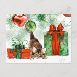Postal Festiva Navidades de acuarela Presentes de árbol gatito