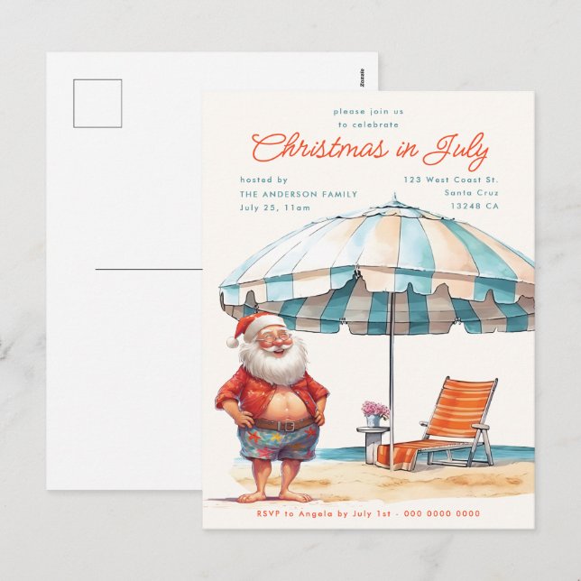 Postal Festiva Navidades de acuarela retro en julio Fiesta de ver (Anverso / Reverso)
