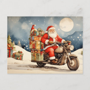 Postal Festiva Navidades de acuarela Santa Claus en motocicleta