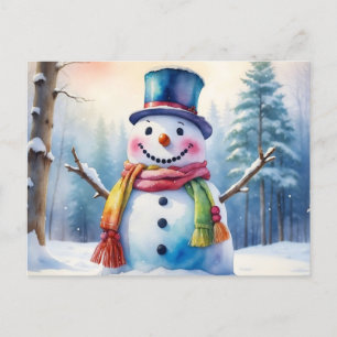 Postal Festiva Navidades de acuarela Snowman en bosque de inviern
