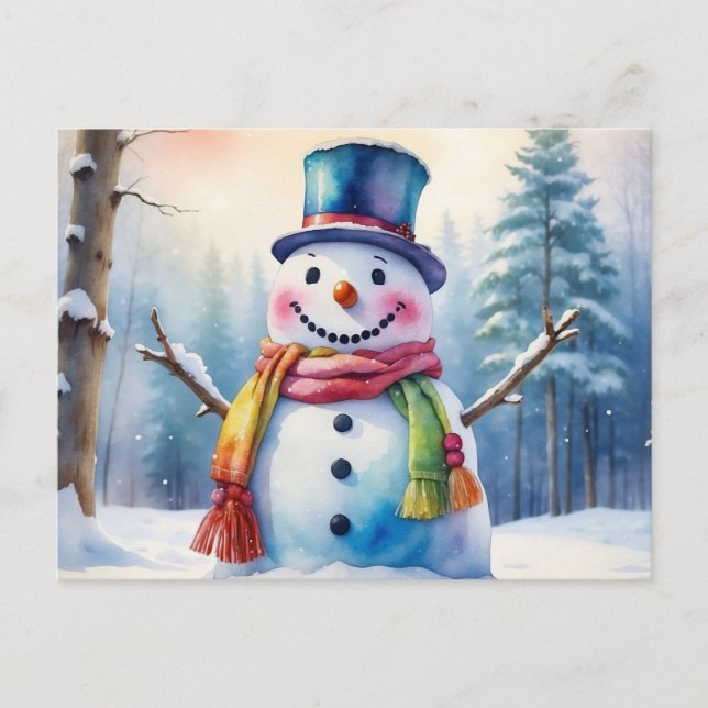 Postal Festiva Navidades de acuarela Snowman en bosque de inviern (Anverso)