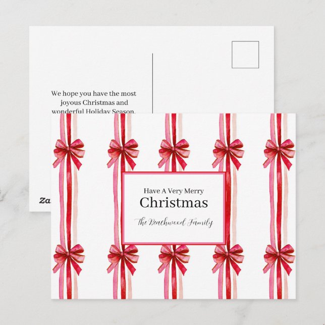 Postal Festiva Navidades de arcos rojos rosados (Anverso / Reverso)
