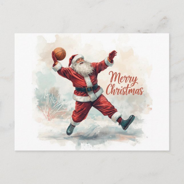 Postal Festiva Navidades de baloncesto Santa Claus jugando (Anverso)