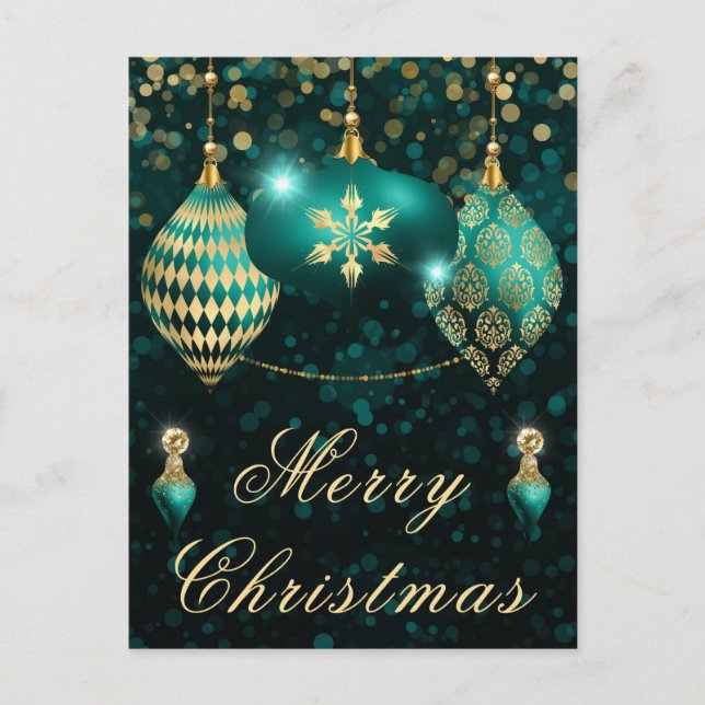 Postal Festiva Navidades de Baubles de purpurina verde azulado y  (Anverso)