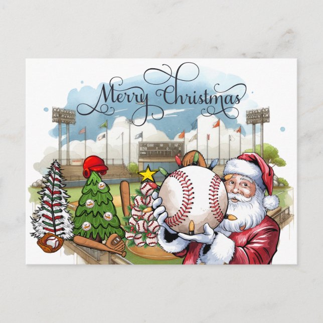 Postal Festiva Navidades de béisbol con regalos y vacaciones de b (Anverso)