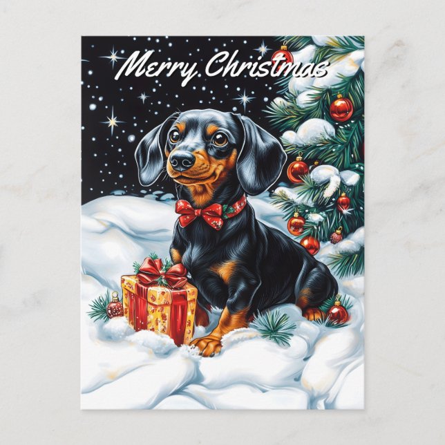 Postal Festiva Navidades de Black and Tan Dachshund (Anverso)