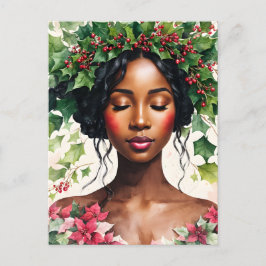 Postal Festiva Navidades de Black Woman Holly Poinsettia Art