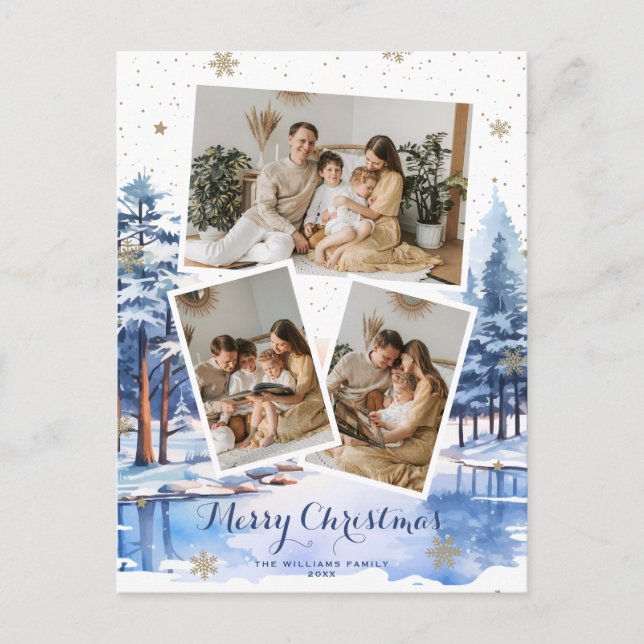 Postal Festiva Navidades de Blue Gold Winter Sceneration Foto pos (Anverso)