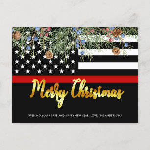 Postal Festiva Navidades de bomberos con bandera de bombero delga