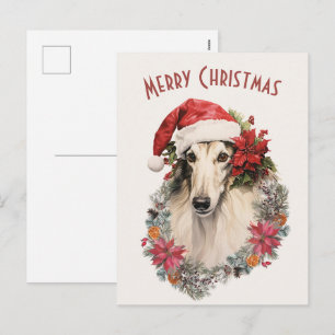 Postal Festiva Navidades de Borzoi Dog Santa Hat Red Poinsettias
