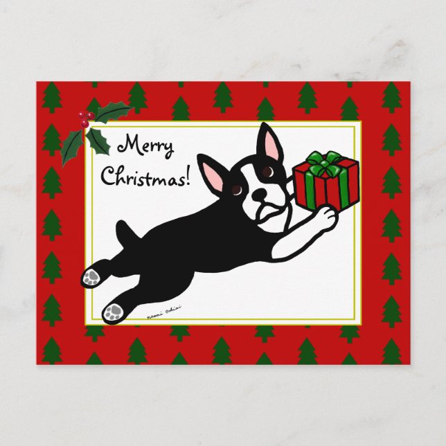 Postal Festiva Navidades de Boston Terrier 2 Personalizados (Anverso)