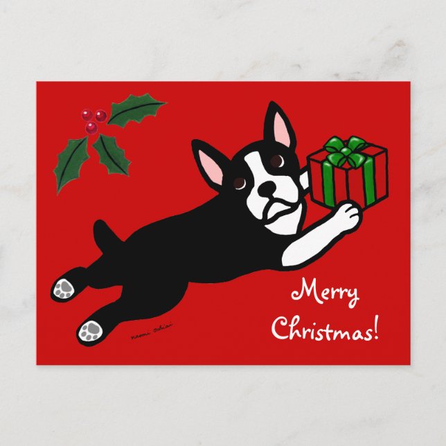 Postal Festiva Navidades de Boston Terrier 2 Personalizados (Anverso)