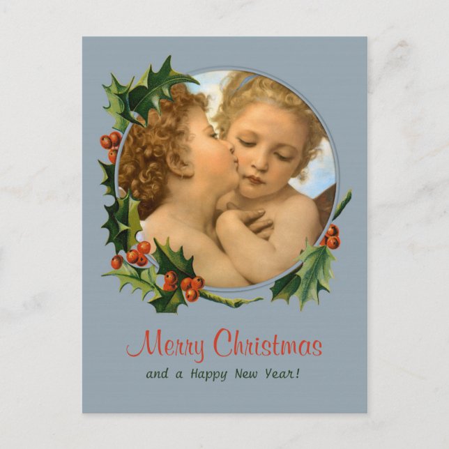 Postal Festiva Navidades de Bouguereau First Besos para niños de  (Anverso)