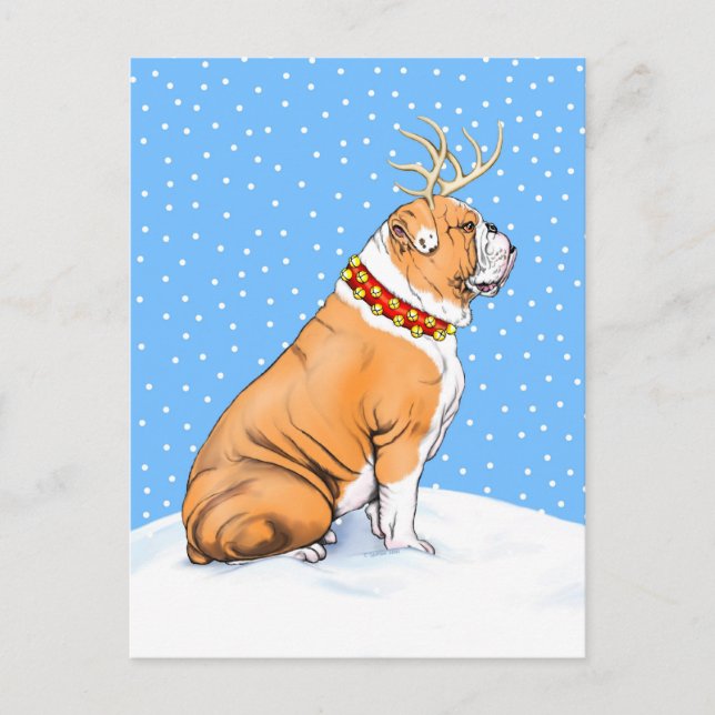 Postal Festiva Navidades de bulldog Reindeer Rojo y Blanco (Anverso)