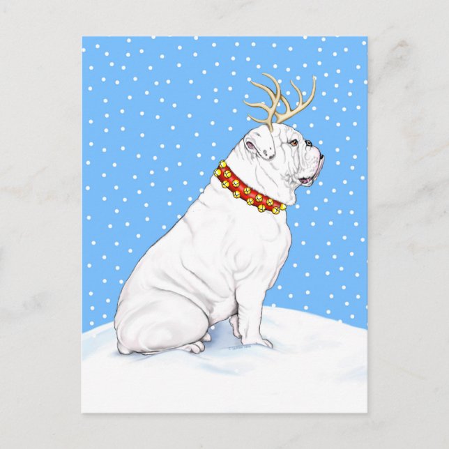 Postal Festiva Navidades de bulldog Reindeer White (Anverso)