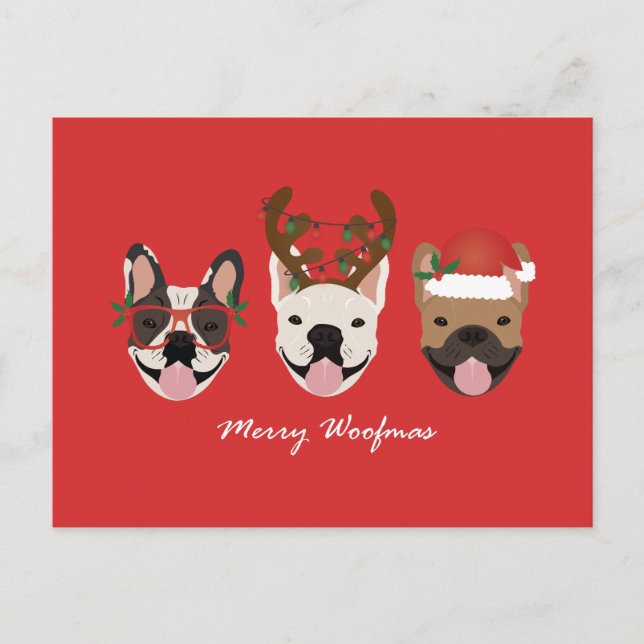 Postal Festiva Navidades de Bulldoges franceses de Merry Woofmas (Anverso)