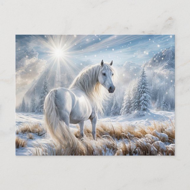 Postal Festiva Navidades de caballos y nieve bonitos (Anverso)