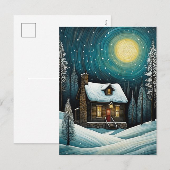 Postal Festiva Navidades de cabaña de invierno nevados (Anverso / Reverso)
