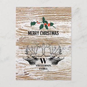 Postal Festiva Navidades de cabaña de madera de ciervo de textura
