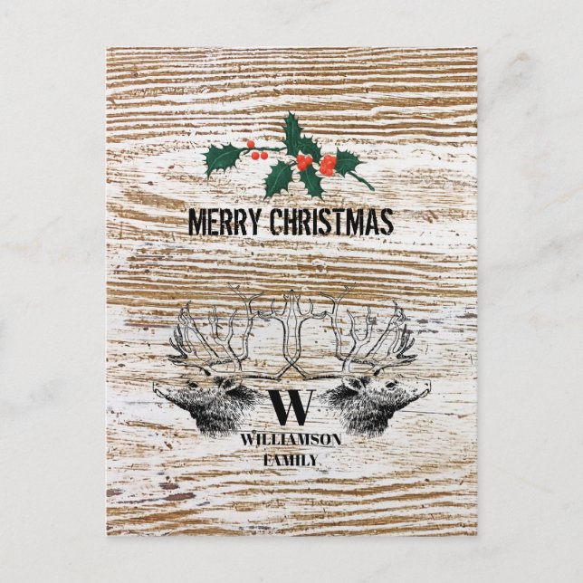 Postal Festiva Navidades de cabaña de madera de ciervo de textura (Anverso)