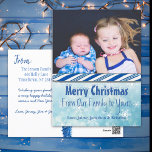 Postal Festiva Navidades de caña de candy azul fotográfico person<br><div class="desc">Solo agrega la foto de tus hijos o de tu familia a esta linda postal de Feliz Navidad. Es una manera dulce y asequible de decir Feliz Navidad a tus amigos y familia y actualizarlos con una foto! Pequeños detalles en la parte posterior de la postal como un bastón de...</div>