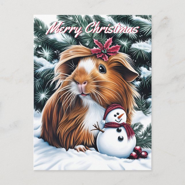 Postal Festiva Navidades de cerdo y snowman de Guinea (Anverso)