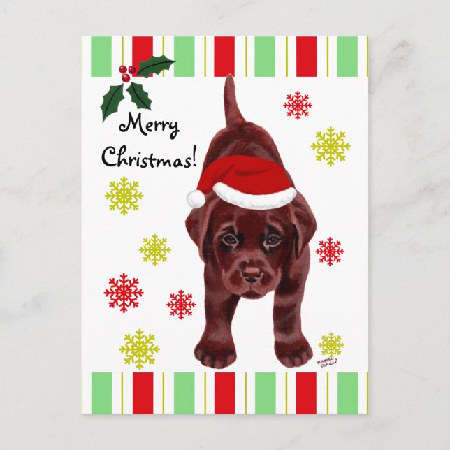Postal Festiva Navidades de chocolate Labrador Puppy y Santa Hat (Anverso)