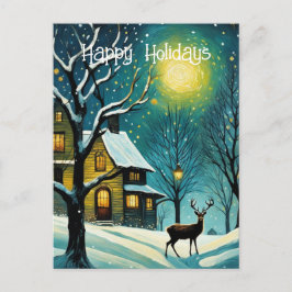 Postal Festiva Navidades de ciervos de cabaña de invierno con ple