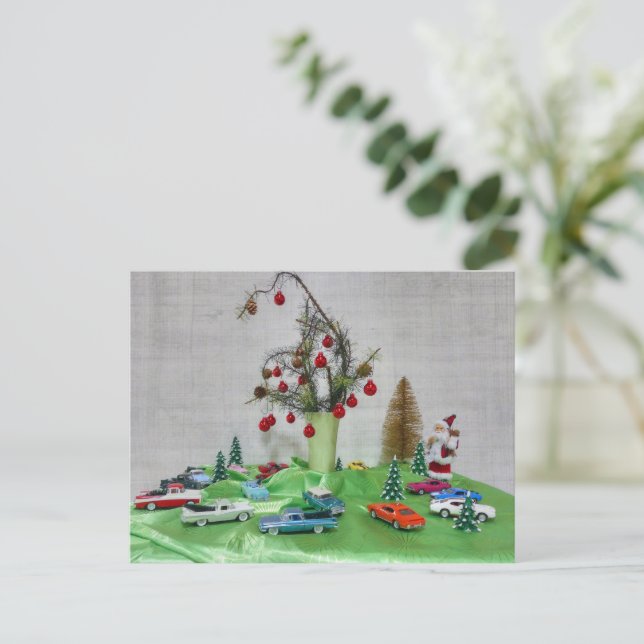 Postal Festiva Navidades de coches clásicos (Anverso de pie)