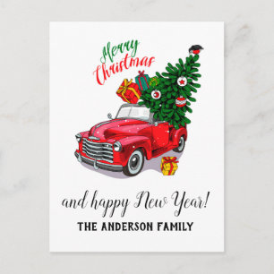 Postal Festiva Navidades de coches de la época roja