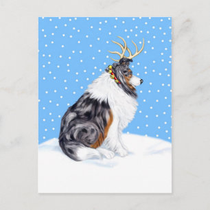 Postal Festiva Navidades de Collie Reindeer Blue Merle