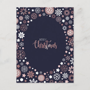 Postal Festiva Navidades de copos de nieve blancos de oro rosa