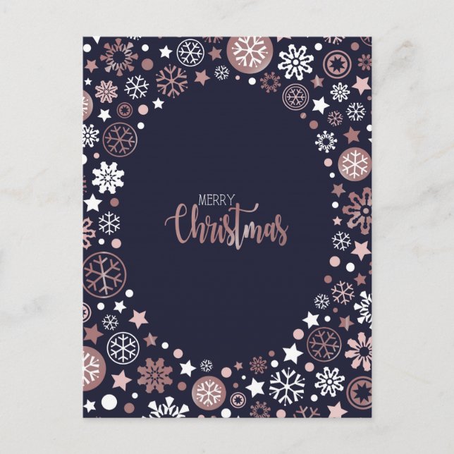 Postal Festiva Navidades de copos de nieve blancos de oro rosa (Anverso)
