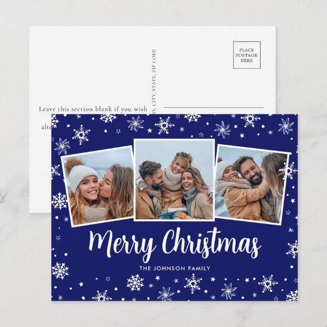 Postal Festiva Navidades de copos de nieve con foto azul (Anverso / Reverso)