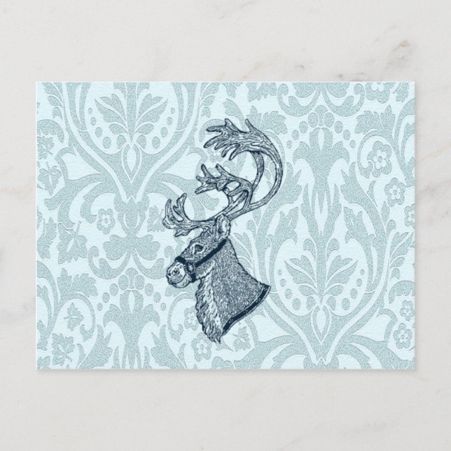 Postal Festiva Navidades de damasco de época reno (Anverso)