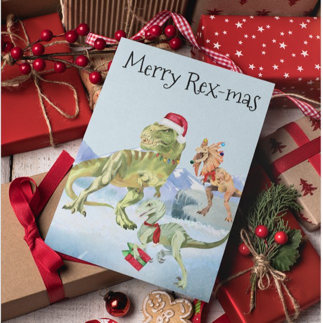 Postal Festiva Navidades de dinosaurios Tyrannosaur Raptor Merry  (Subido por el creador)