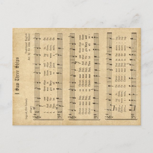 Postal Festiva Navidades de Ephemera "Vi Tres Buques" Carol (Anverso)