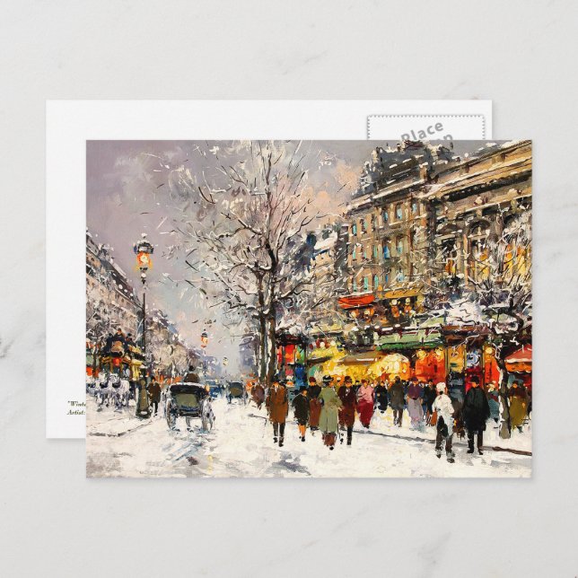 Postal Festiva Navidades de escena parisina de época (Anverso / Reverso)