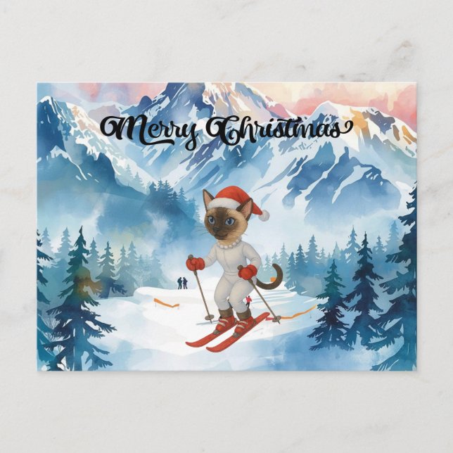 Postal Festiva Navidades de esquí para el gato Santa Claus Fan Si (Anverso)