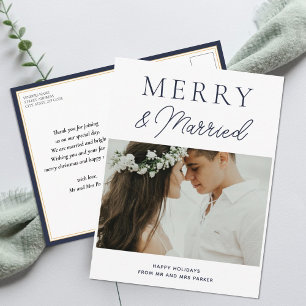 Postal Festiva Navidades de fotografía con escritura azul casados
